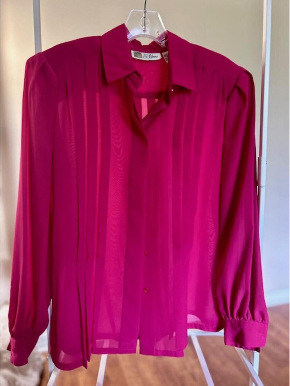 Le Blouse Women's Sheer Fuchsia Pink Pleated Long Sleeve Blk